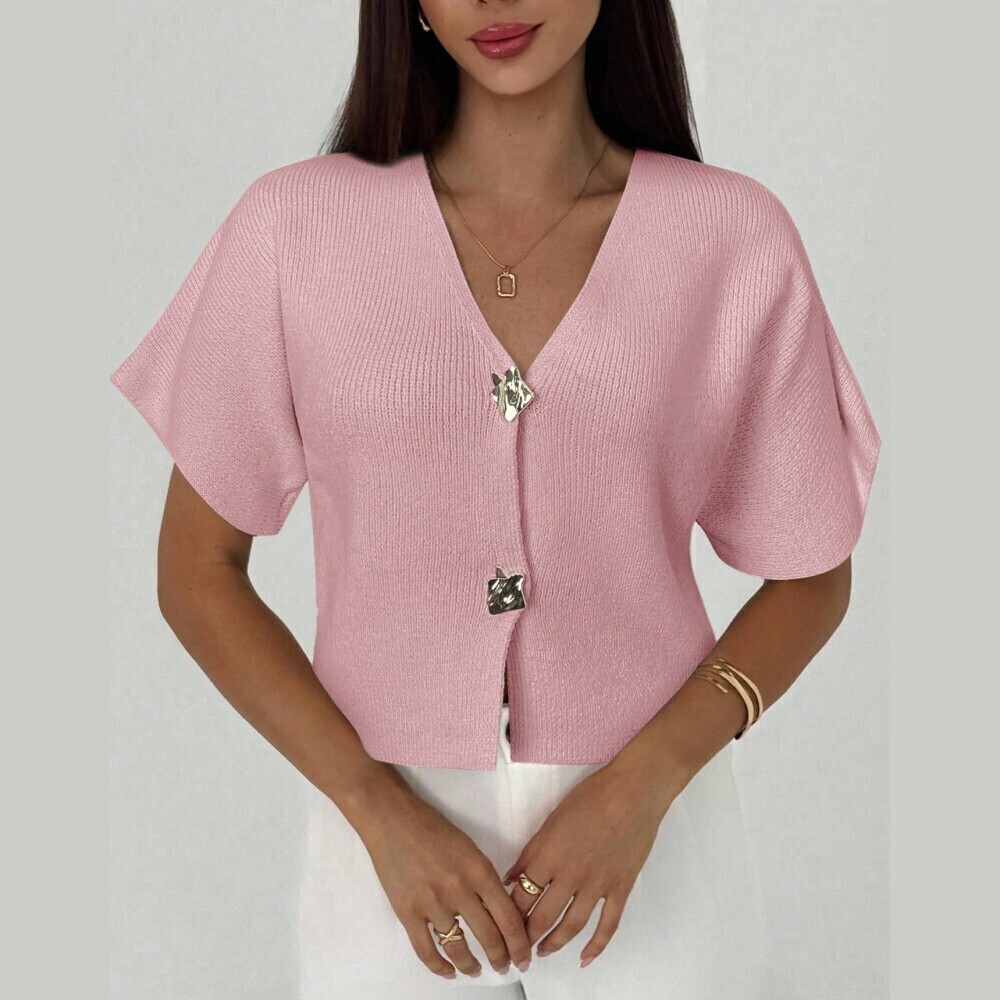 Pink Ribbed Knit Cardigan with Statement Button Closure - Picture 2 of 6